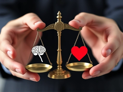 Close-up of hands holding a miniature scale of justice, with one side featuring a human brain silhouette and the other a heart silhouette, symbolizing the balance between rational judgment and emotional response in a trial.