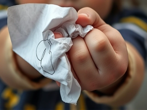 Close-up of a child's hand clenching a crumpled drawing, showing emotional distress and the hidden burden of school violence, with a focus on texture and subtle light.
