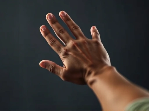 A caring hand offering support to a person looking down in distress, symbolizing empathy and preventing further harm, with soft, comforting lighting.