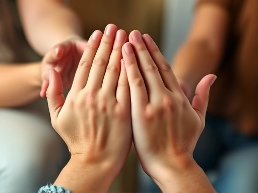 Close-up of hands reaching out for comfort and support, symbolizing victim support and healing, with a soft, empathetic background suggesting a counseling or support group setting. Focus on hope and connection.