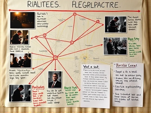 A detailed image showing a detective's board with crime scene photos, red strings connecting locations, and notes about serial crime evolution patterns, emphasizing analytical methods and complex cases.