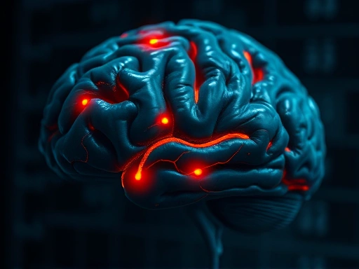 Close-up digital art of a human brain with highlighted areas representing psychological traits associated with psychopathy and antisocial personality disorder, abstractly showing the complex neural pathways, with a dark and contemplative mood.