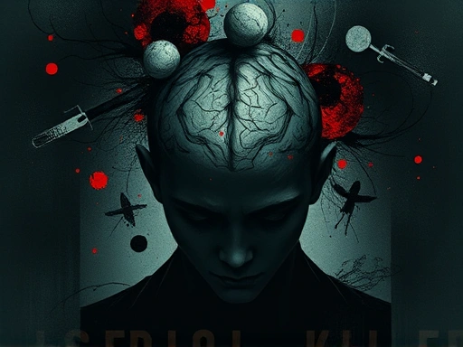 A dark, introspective illustration depicting the complex psychological characteristics of serial killers, focusing on internal turmoil and isolation, with abstract elements representing trauma and control. Keywords: serial killer psychology, trauma, control.