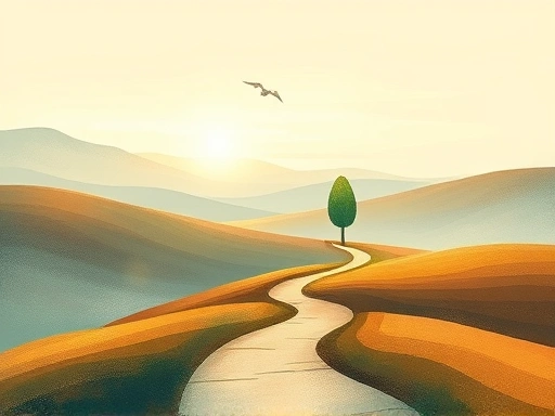 A serene, abstract illustration of a winding path through a calm, hopeful landscape, symbolizing the psychological recovery journey of sexual assault survivors, with elements of growth and healing.
