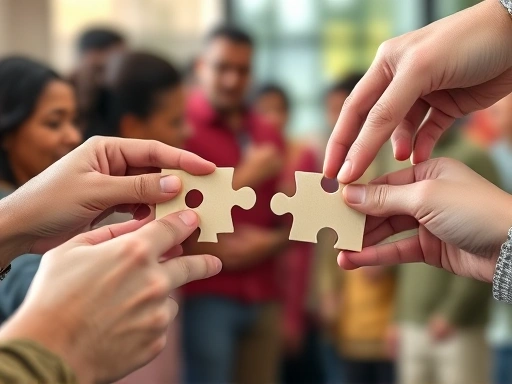 A close-up of hands building a delicate bridge from disparate pieces, representing social cohesion and collective effort to overcome economic disparities, with a blurred background showing a diverse community engaged in positive interaction, emphasizing unity and problem-solving.