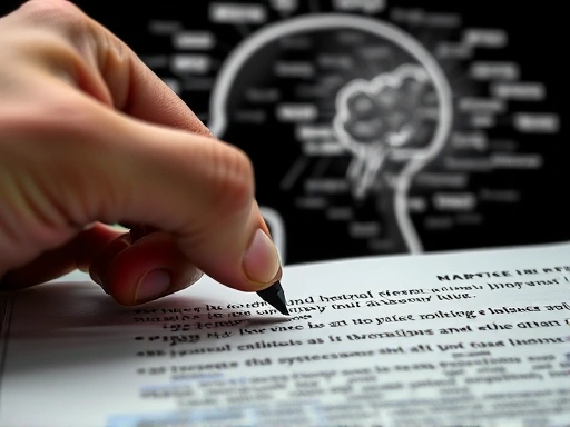 Close-up of a hand highlighting suspicious phrases on a printed document, with fragmented words and symbols subtly forming a human psychological profile in the background. Focus on the analytical process and textual evidence.