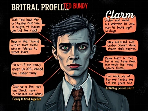 A detailed, thoughtful digital illustration depicting the psychological profile of a serial killer, focusing on abstract elements of manipulation, charm, and underlying darkness, referencing Ted Bundy's known traits, in a slightly unsettling but educational style.