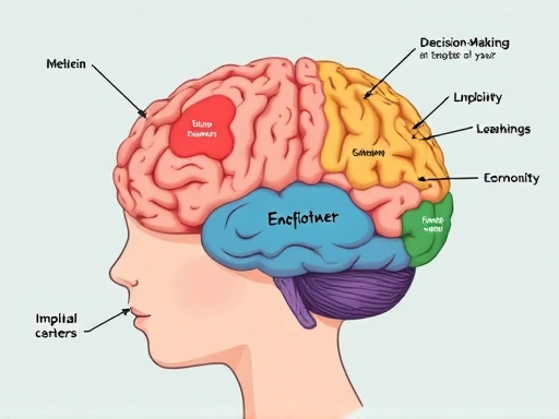 A detailed illustration of a teenager's brain showing different developing regions, with emphasis on decision-making and emotional centers, incorporating SEO keywords like adolescent brain development and impulsivity.