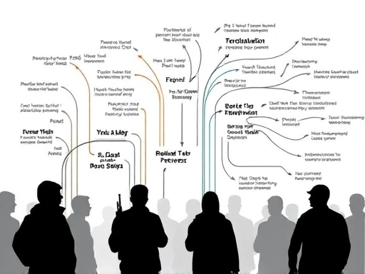 A detailed, analytical image showing various pathways leading to radicalization and recruitment into a terrorist organization, with abstract arrows and diverse social factors. Focus on the process.