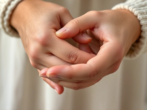 Close-up shot of two hands gently holding each other, representing support and empathy in the context of trauma healing, with a soft, comforting background, focusing on human connection.