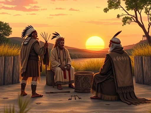 A detailed illustration of tribal elders in traditional attire engaged in a serious discussion or negotiation, sitting in a circular formation in a natural outdoor setting at sunset, symbolizing ancient justice and conflict resolution.
