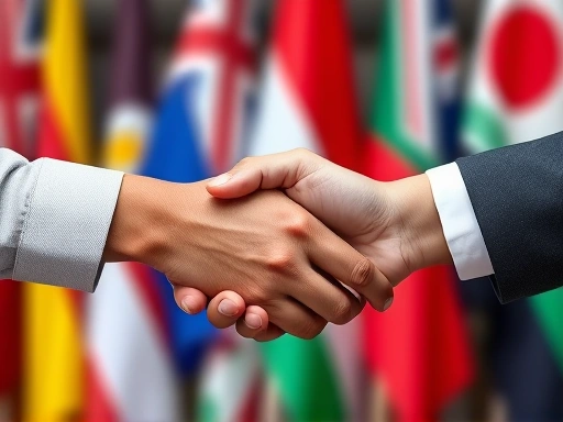 A close-up of two hands shaking, one appearing to be from a local culture and the other from an international context, symbolizing trust-building and cooperation, with a subtly blurred background of various national flags.