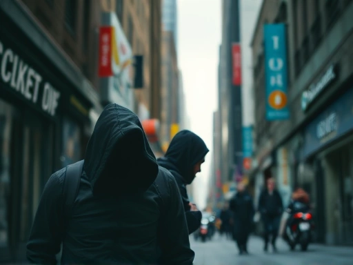 Close-up of a lone figure with a shadowed face walking down a narrow, bustling city street, illustrating the feeling of anonymity and isolation in an urban environment.