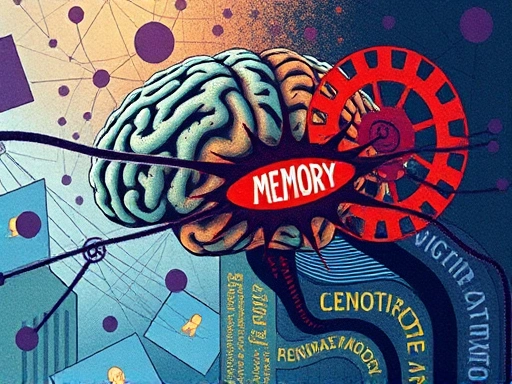 An abstract illustration representing memory as a complex, dynamic process in the brain, with interconnected neurons and fragmented information, incorporating keywords like victim testimony and memory distortion.