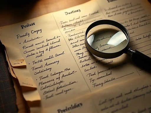 Close-up of old, yellowed parchment with handwritten notes and a magnifying glass, depicting a detective's psychological profile board, bathed in soft, investigative light.