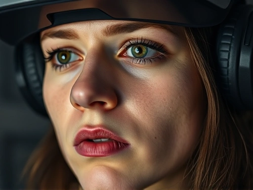 A close-up, detailed image focusing on a user's expression while immersed in VR, with subtle visual cues suggesting internal conflict or disinhibition related to virtual crime. Emphasize the psychological impact and decision-making process. Keywords: VR immersion, disinhibition effect, psychological impact, digital responsibility, user experience.