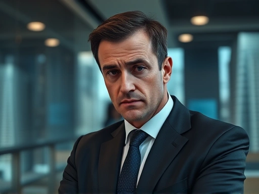A man in a business suit in a modern office, looking conflicted but seemingly justifying his actions, with a blurred background of financial graphs and corporate buildings, conveying psychological conflict and rationalization. Focus on his pensive expression.