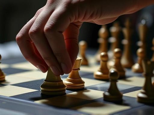 Close-up of a hand discreetly moving pieces on a chessboard, symbolizing strategic manipulation and the intricate psychological processes of rationalization in white-collar crime. A subtle, almost invisible shadow of doubt on the table surface, representing hidden guilt.