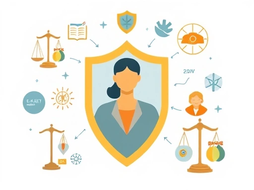 A conceptual illustration showing various elements of witness protection, such as a subtle shield protecting a person, combined with symbols of legal support and community care. The image should convey safety and comprehensive support.