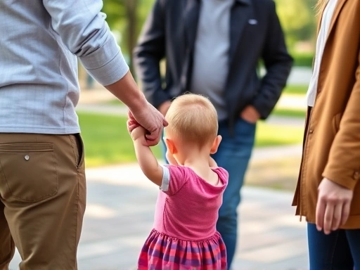 A parent gently holding their child's hand while calmly speaking with an adult, illustrating communication and protection. The setting is a public park.