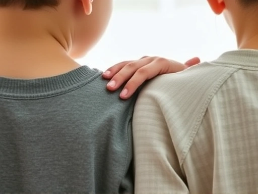 Close-up of a parent's hand comforting a child's shoulder, symbolizing reassurance and a quiet conversation between them.