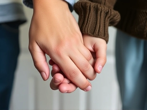 Close-up of a parent and child's hands gently clasped, symbolizing support and connection amidst the challenges of puberty, with subtle background changes.