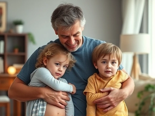 A tired but loving parent embracing two children, one appearing slightly more challenging, with the other twin looking on, in a home setting. The scene should convey both difficulty and hope in raising twins.