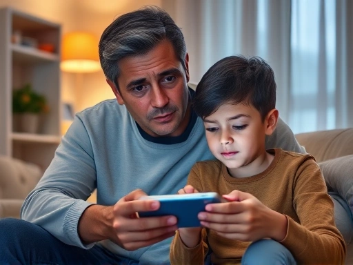 A worried parent gently trying to engage their 10-year-old child, who is absorbed in a smartphone game, with warm home environment, soft lighting.