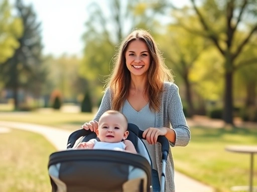 A young mother confidently walking with her happy baby in a stroller in a park, smiling and relaxed, sun shining, showing overcoming parenting anxiety.