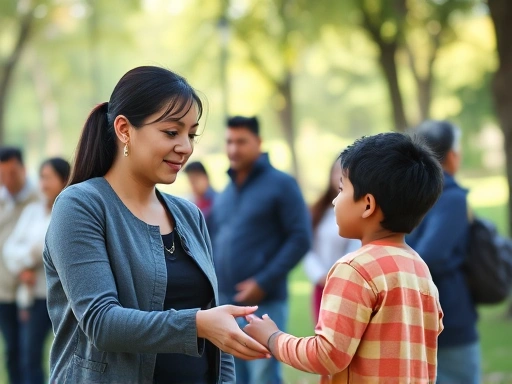 A confident parent calmly but firmly disciplining a child in a public park, while other people nearby are blurred, focusing on the parent-child interaction. Positive, soft lighting.