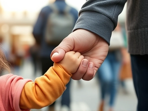 Close-up of a parent's firm yet gentle hand holding a child's hand, symbolizing guidance during discipline, with blurred public background. Focus on connection and authority.