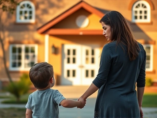 A worried mother holding her child's hand, looking towards a kindergarten building with gentle sunlight. The child seems hesitant but hopeful, depicting resilience and parental support.