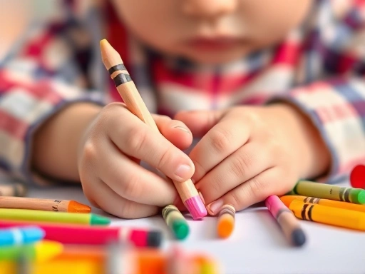 Close-up of a child's small hands drawing with crayons, surrounded by colorful toys, symbolizing healthy development and re-engagement after adjustment difficulties.