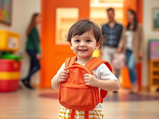 A cheerful 36-month-old child holding a small backpack, excitedly walking towards a colorful daycare entrance, with a blurred background of caring parents.