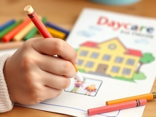 Close-up of a child's small hand drawing a picture of a happy family and daycare building, with crayons and a children's book about daycare in the background.