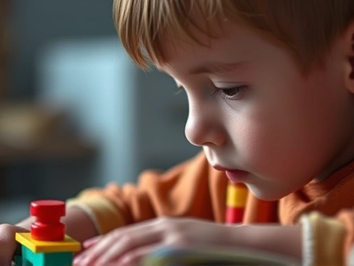 Close-up of a child focused on a task, like building with blocks or reading, with a subtle positive, calm aura, symbolizing the benefits of ADHD medication.