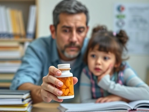 A concerned parent thoughtfully considering a bottle of medication for their child, surrounded by blurred images of books and medical charts, emphasizing the weight of the decision.