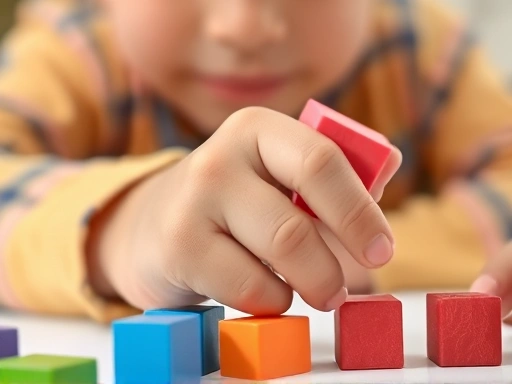 Close-up of a child's hand engaging in a focused activity, like building blocks or drawing, symbolizing improved concentration and self-regulation without medication.