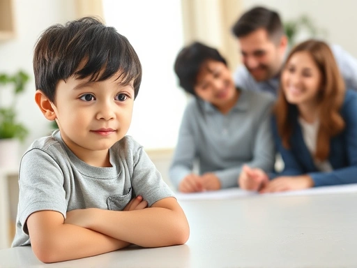 A child with ADHD symptoms showing improved focus and calm behavior through non-medication interventions, with a supportive family in a bright, organized home environment.