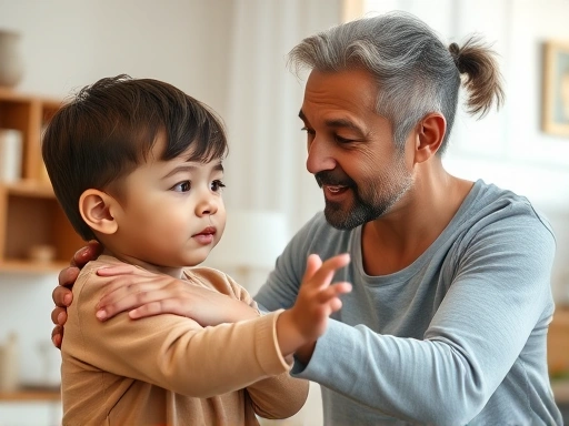 A caring parent gently guiding a child who was previously aggressive, showing a peaceful and understanding interaction in a warm home environment. Focus on calm facial expressions and body language.