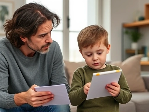 A concerned parent observes a child who is easily distracted and fidgety, with a checklist and a thoughtful expression, in a modern, calm home environment.