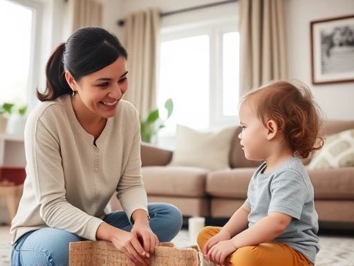 A calm parent observing a child acting out mildly for attention, demonstrating selective ignoring in a living room, with positive reinforcement elements in the background, family-focused.