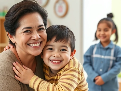 A parent and a child smiling and hugging, with a kindergarten teacher in the background looking pleased. The scene conveys warmth and breakthrough.