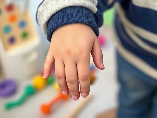 Close-up on a child's hands and a parent's hand gently clasping, illustrating trust and connection, with a blurred background of educational toys.
