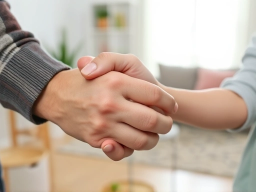 A close-up of a parent's and child's hands clasped together, with a blurred background of a calm, organized living space, symbolizing connection, hope, and progress after overcoming challenges.