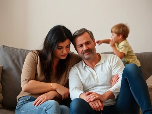 A couple, looking stressed and distant, sitting on a couch with a child playing mischievously in the background, symbolizing family conflict.