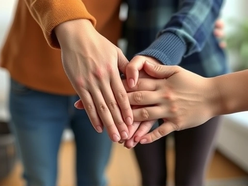 Close-up of a diverse range of hands, adult and child, gently holding each other, representing unity, support, and healthy family bonding in a blurred home setting.