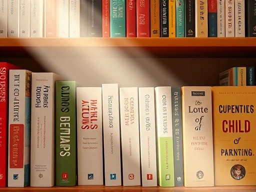 A bookshelf filled with various parenting books, with a focused beam of light highlighting books on child behavior and emotions, suggesting guidance and wisdom.
