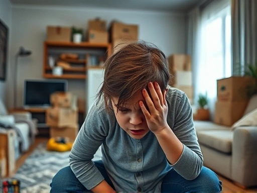 A realistic depiction of a stressed parent looking overwhelmed by a child's tantrum in a cluttered living room, with moving boxes in the background, conveying exhaustion and helplessness.
