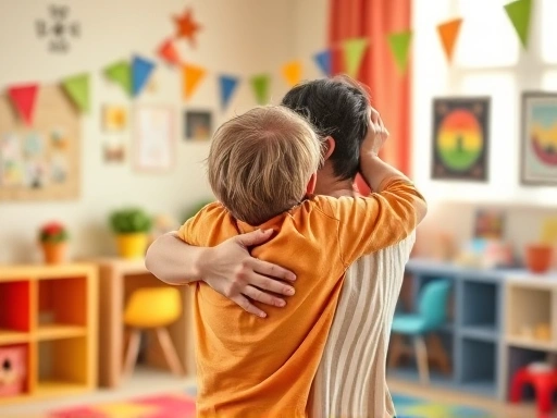 A comforting scene of a parent embracing a child in a colorful children's room, symbolizing healing and recovery from behavioral challenges, with warm, soft lighting.
